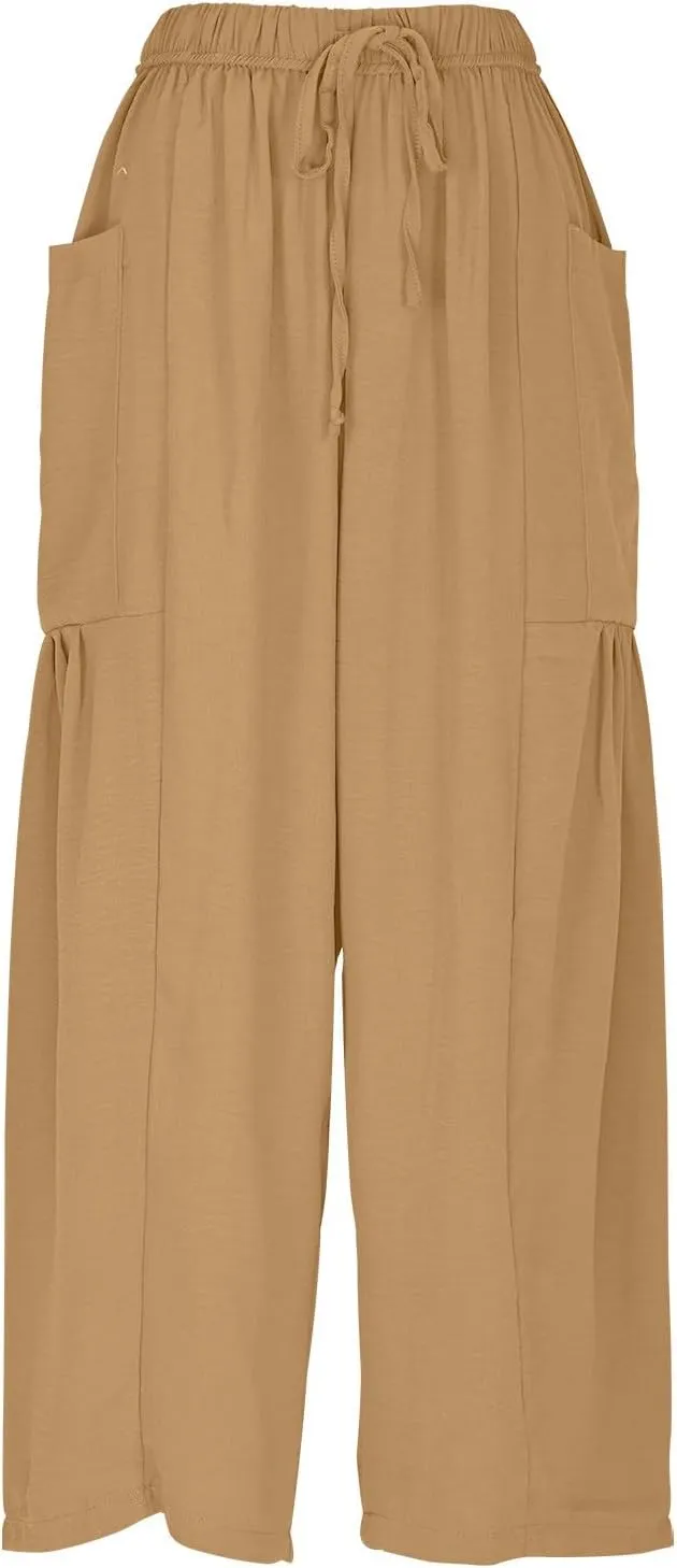 Linen Harem Pants Women Cropped Wide Leg Palazzo Pants Summer Capri Pants Elastic Waist Beach Pants with Pockets