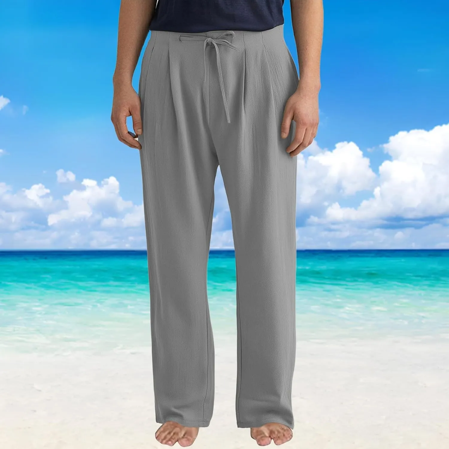 Linen Pants for Men Solid Lightweight Lounge Pants Drawstring Elastic Waist Summer Beach Casual Loose Fit Trouser