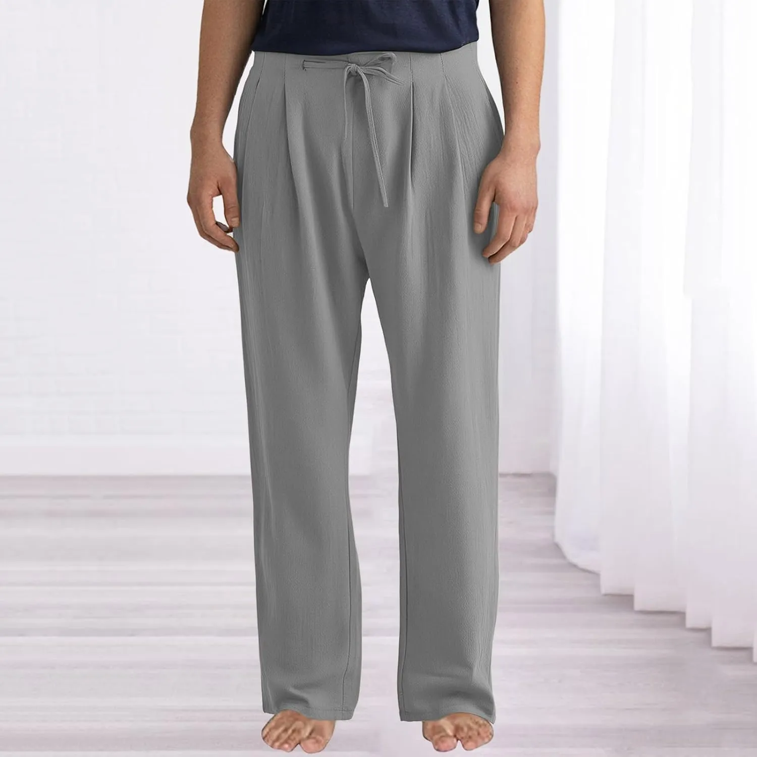 Linen Pants for Men Solid Lightweight Lounge Pants Drawstring Elastic Waist Summer Beach Casual Loose Fit Trouser
