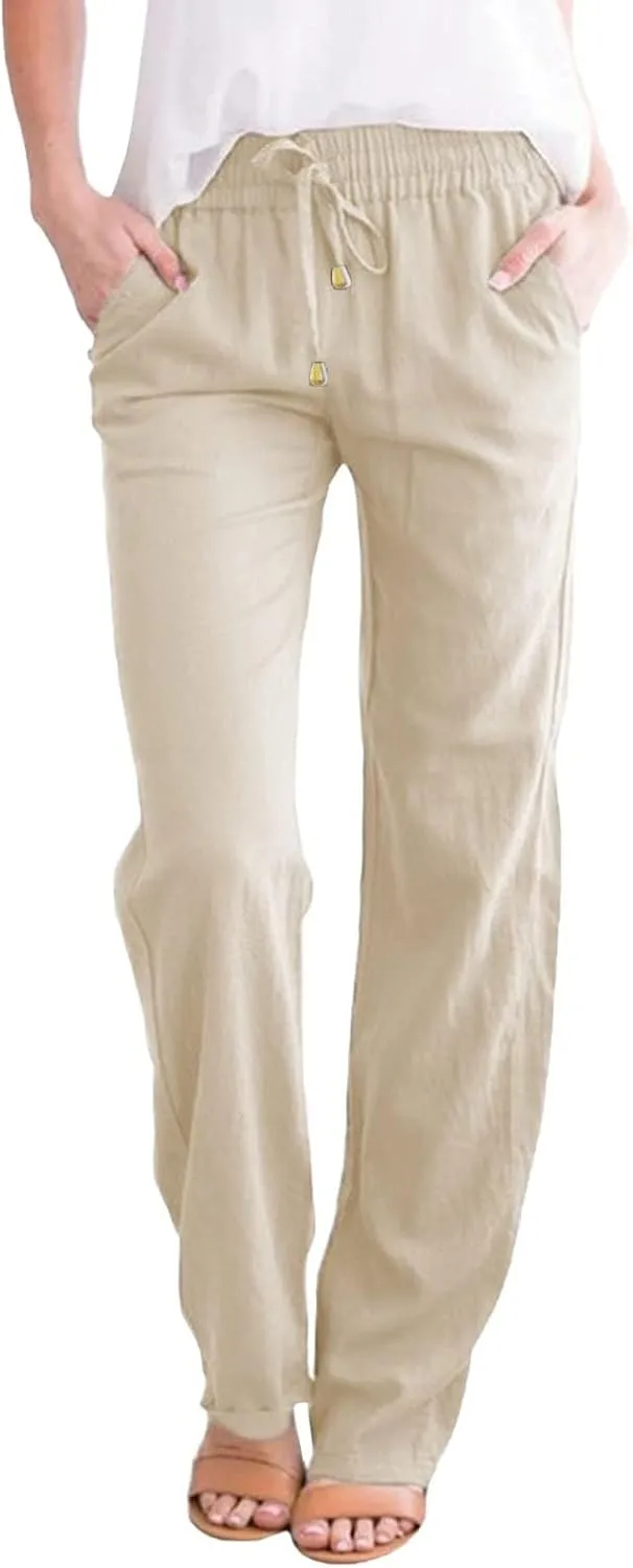 Linen Pants for Women High Wasited Straight Leg Pants Summer Casual Flowy Beach Pants Loose Fit Vacation Travel Pants