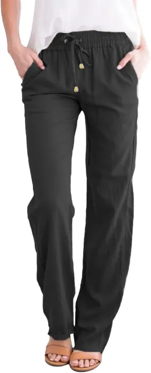 Linen Pants for Women High Wasited Straight Leg Pants Summer Casual Flowy Beach Pants Loose Fit Vacation Travel Pants
