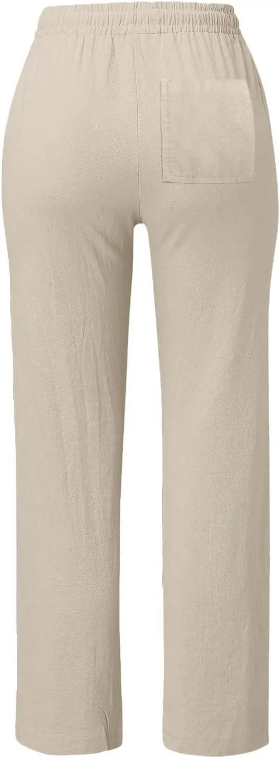 Linen Pants for Women High Wasited Straight Leg Pants Summer Casual Flowy Beach Pants Loose Fit Vacation Travel Pants