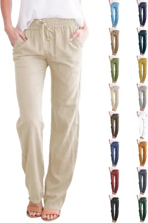 Linen Pants for Women High Wasited Straight Leg Pants Summer Casual Flowy Beach Pants Loose Fit Vacation Travel Pants