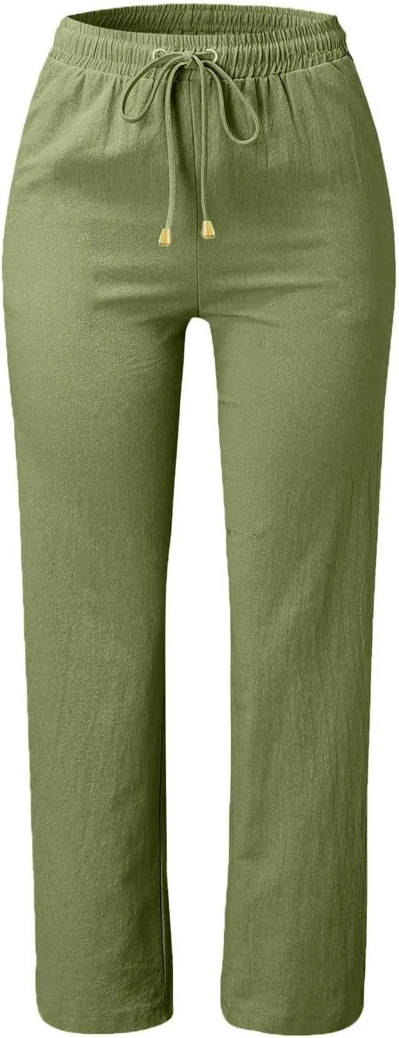 Linen Pants for Women High Wasited Straight Leg Pants Summer Casual Flowy Beach Pants Loose Fit Vacation Travel Pants