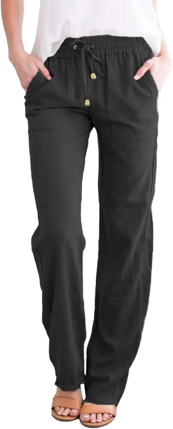 Linen Pants for Women High Wasited Straight Leg Pants Summer Casual Flowy Beach Pants Loose Fit Vacation Travel Pants