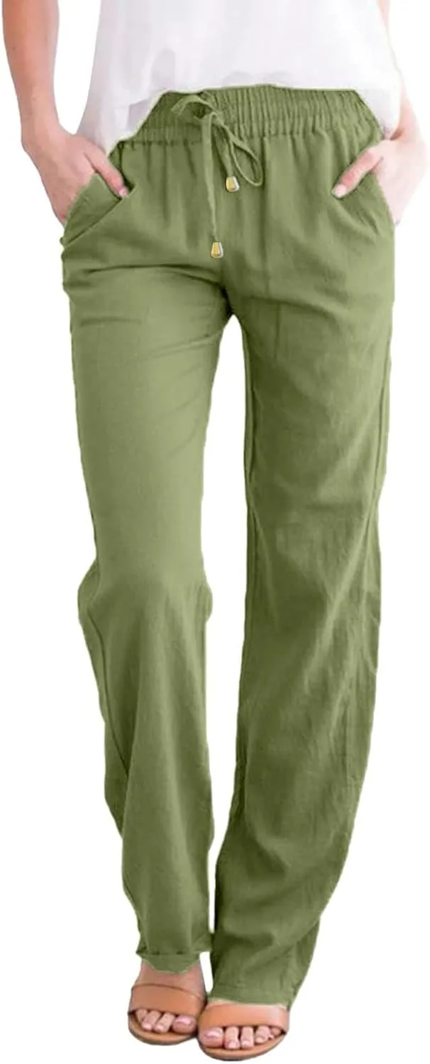 Linen Pants for Women High Wasited Straight Leg Pants Summer Casual Flowy Beach Pants Loose Fit Vacation Travel Pants