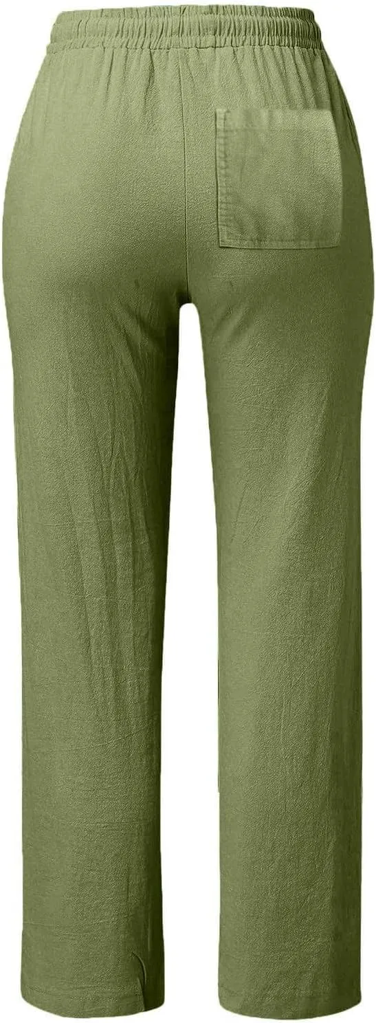 Linen Pants for Women High Wasited Straight Leg Pants Summer Casual Flowy Beach Pants Loose Fit Vacation Travel Pants