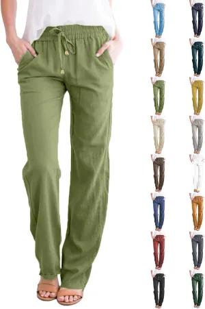 Linen Pants for Women High Wasited Straight Leg Pants Summer Casual Flowy Beach Pants Loose Fit Vacation Travel Pants
