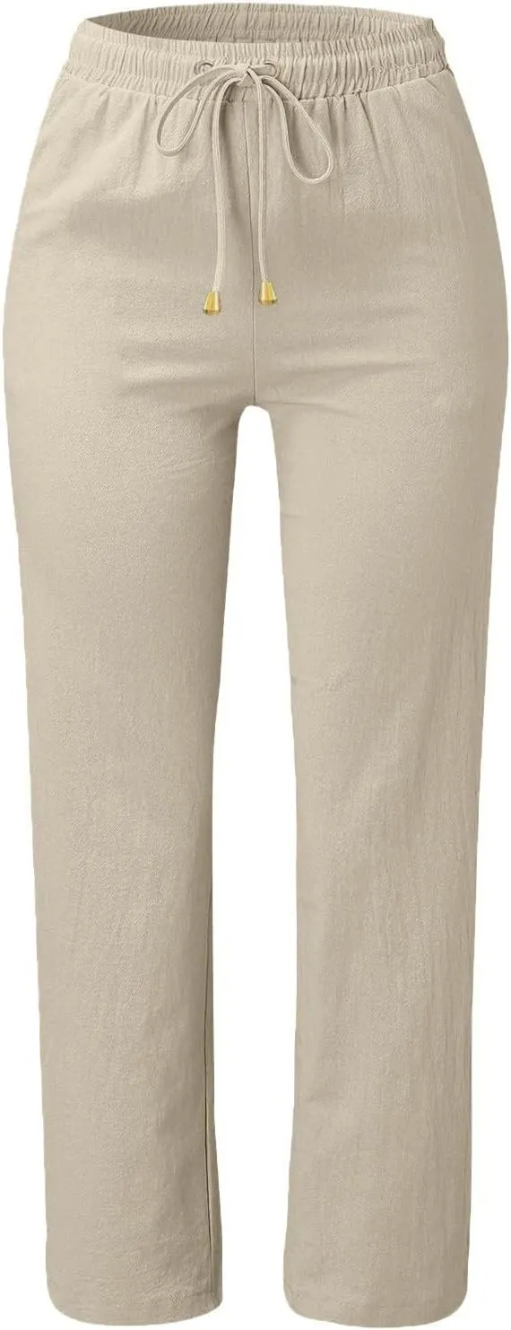 Linen Pants for Women High Wasited Straight Leg Pants Summer Casual Flowy Beach Pants Loose Fit Vacation Travel Pants