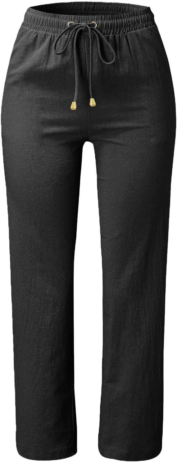Linen Pants for Women High Wasited Straight Leg Pants Summer Casual Flowy Beach Pants Loose Fit Vacation Travel Pants