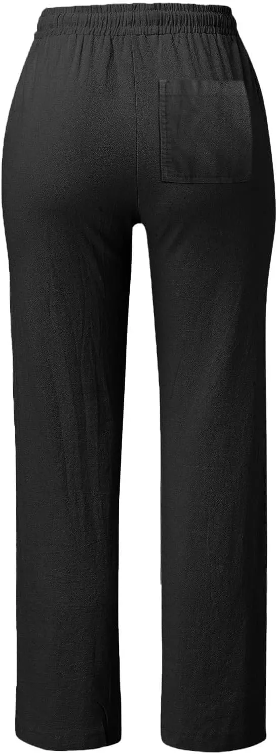 Linen Pants for Women High Wasited Straight Leg Pants Summer Casual Flowy Beach Pants Loose Fit Vacation Travel Pants