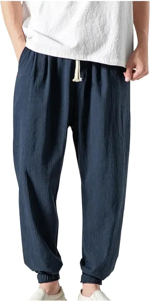 Linen Pants Men Big and Tall Tapered Pants Drawstring Jogger Pants Elastic Waist Harem Pants Loose Summer Trousers