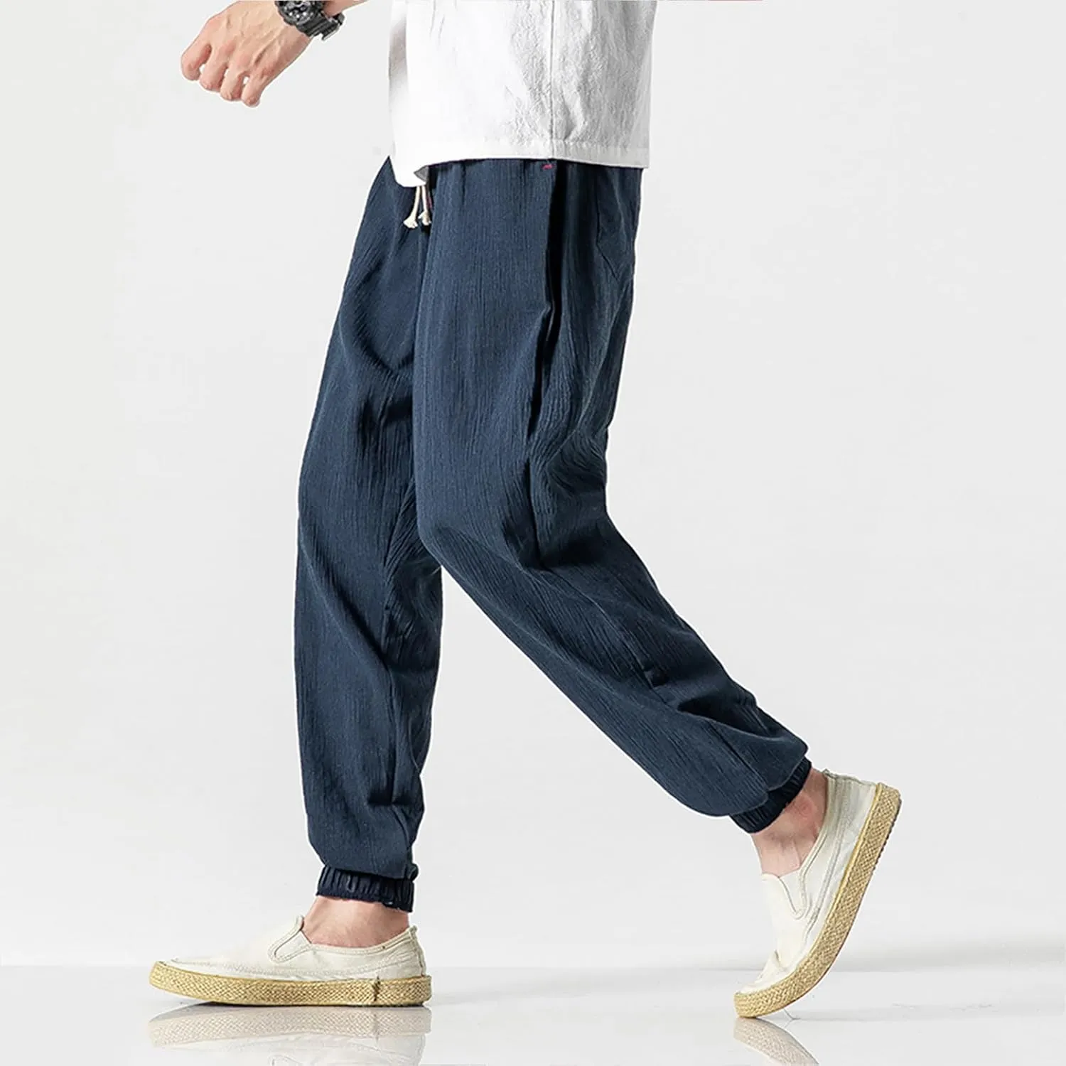 Linen Pants Men Big and Tall Tapered Pants Drawstring Jogger Pants Elastic Waist Harem Pants Loose Summer Trousers