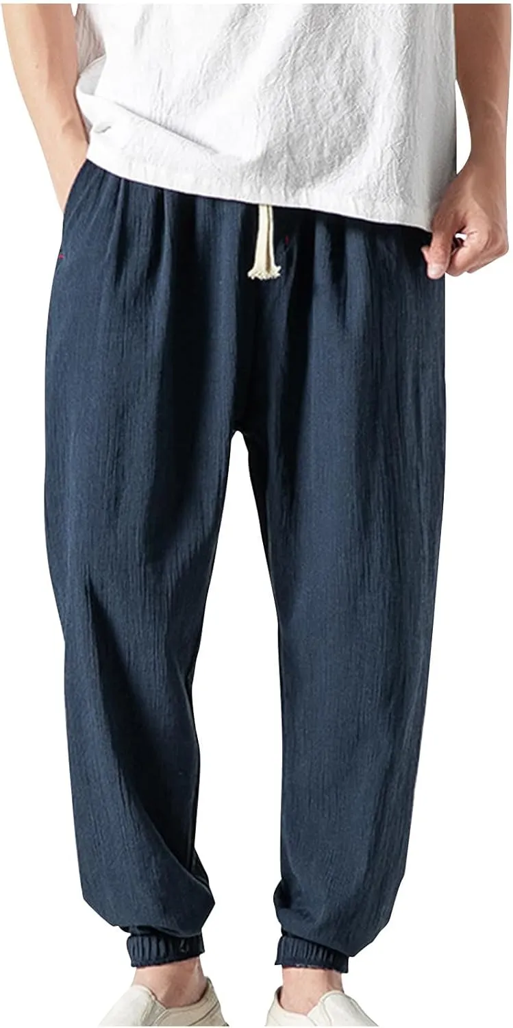Linen Pants Men Big and Tall Tapered Pants Drawstring Jogger Pants Elastic Waist Harem Pants Loose Summer Trousers