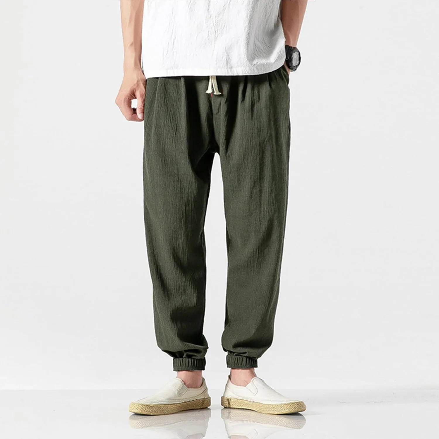 Linen Pants Men Big and Tall Tapered Pants Drawstring Jogger Pants Elastic Waist Harem Pants Loose Summer Trousers