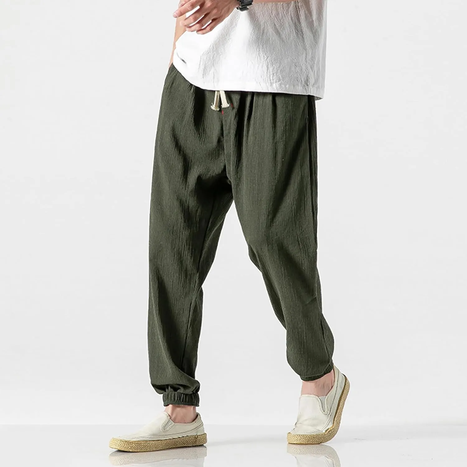Linen Pants Men Big and Tall Tapered Pants Drawstring Jogger Pants Elastic Waist Harem Pants Loose Summer Trousers