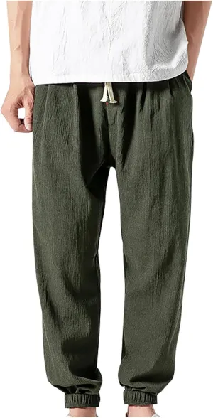 Linen Pants Men Big and Tall Tapered Pants Drawstring Jogger Pants Elastic Waist Harem Pants Loose Summer Trousers