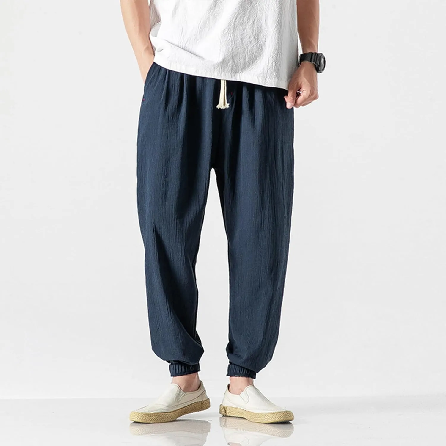 Linen Pants Men Big and Tall Tapered Pants Drawstring Jogger Pants Elastic Waist Harem Pants Loose Summer Trousers