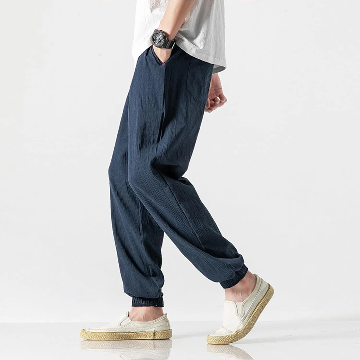 Linen Pants Men Big and Tall Tapered Pants Drawstring Jogger Pants Elastic Waist Harem Pants Loose Summer Trousers