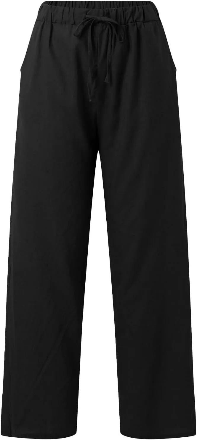 Linen Pants Women High Waist Casual Linen Pants 2025 Summer Drawstring Straight Leg Lounge Trousers with Pockets