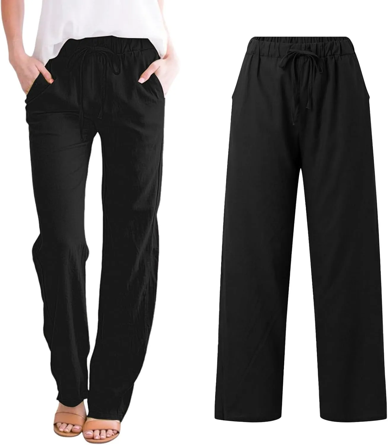 Linen Pants Women High Waist Casual Linen Pants 2025 Summer Drawstring Straight Leg Lounge Trousers with Pockets