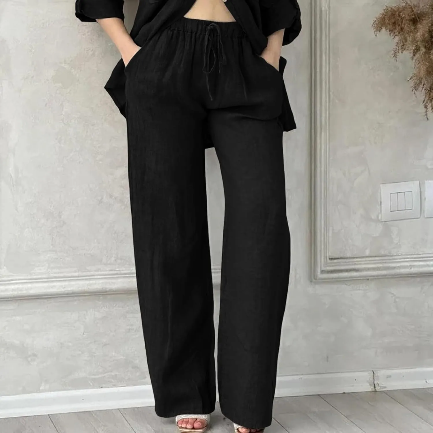 Linen Pants Women High Waist Casual Linen Pants 2025 Summer Drawstring Straight Leg Lounge Trousers with Pockets
