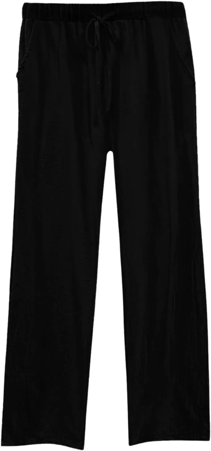 Linen Pants Women High Waist Casual Linen Pants 2025 Summer Drawstring Straight Leg Lounge Trousers with Pockets