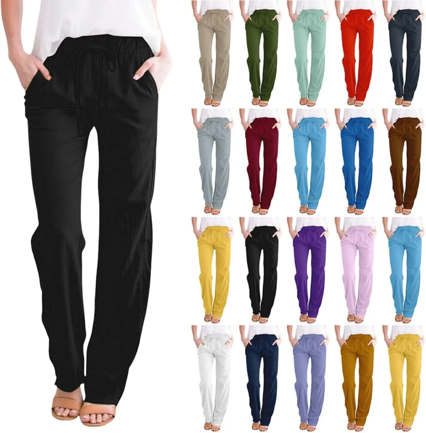 Linen Pants Women High Waist Casual Linen Pants 2025 Summer Drawstring Straight Leg Lounge Trousers with Pockets