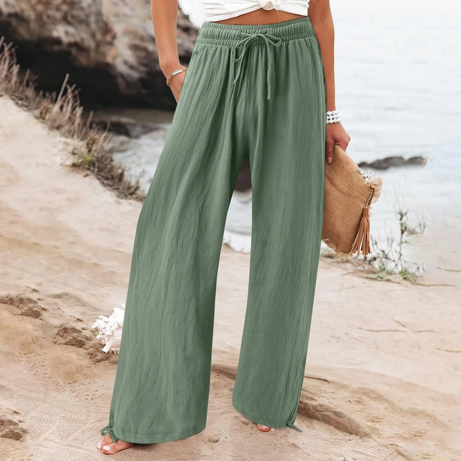 Linen Pants Women Summer Wide Leg Pants Drawstring Elastic Waist Lightweight Lounge Pants Casual Beach Trousers M-5XL