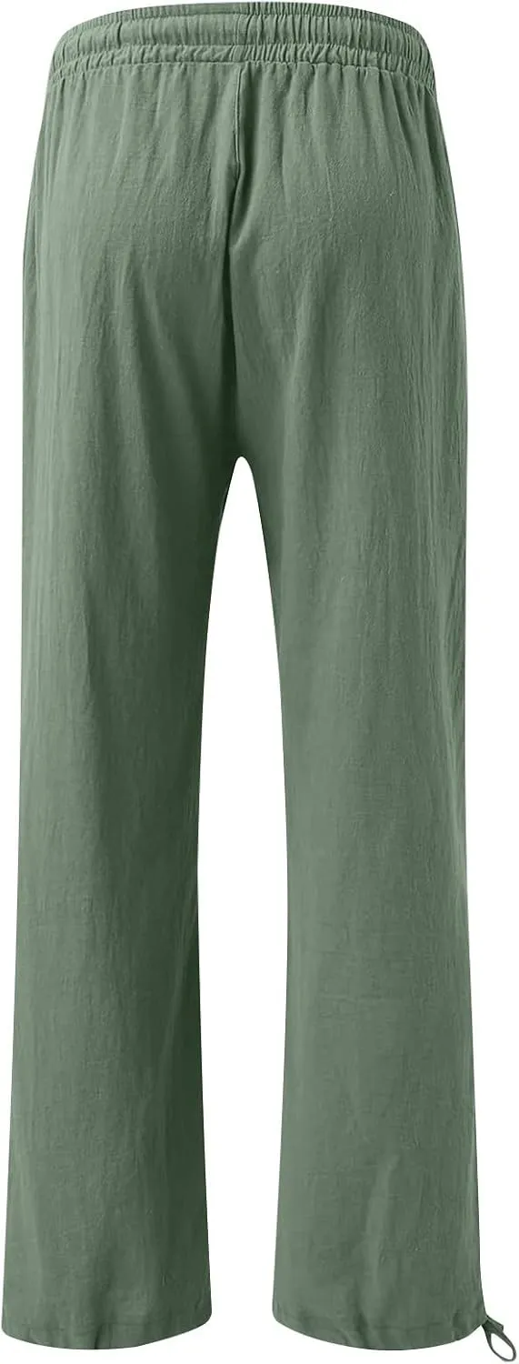 Linen Pants Women Summer Wide Leg Pants Drawstring Elastic Waist Lightweight Lounge Pants Casual Beach Trousers M-5XL
