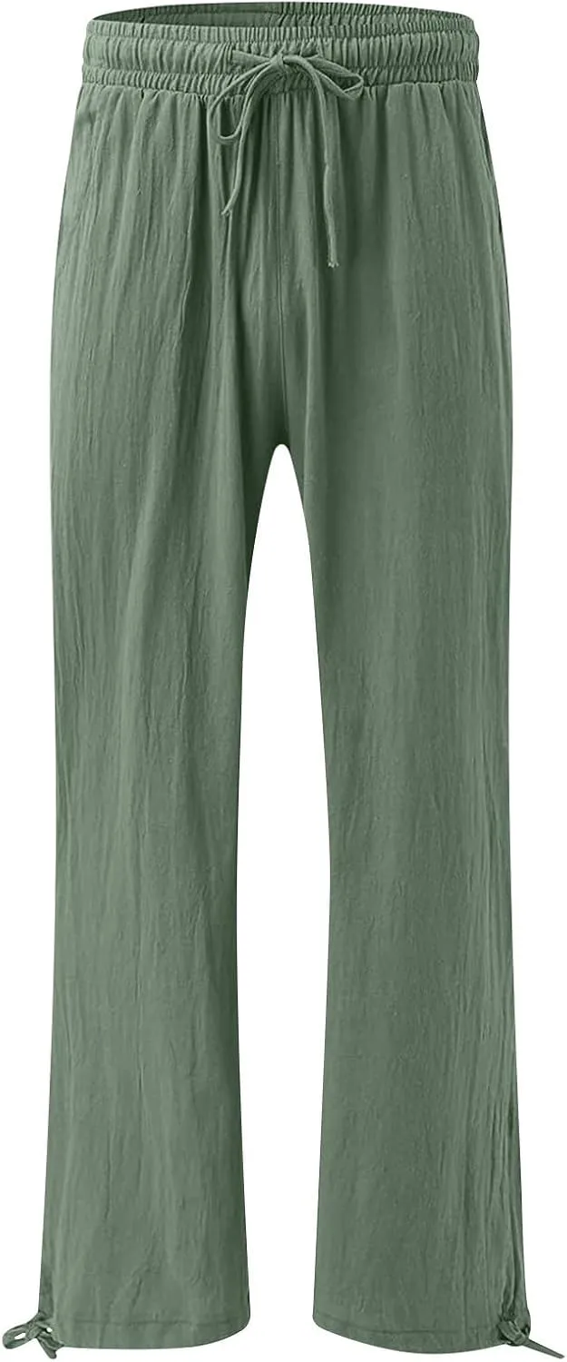 Linen Pants Women Summer Wide Leg Pants Drawstring Elastic Waist Lightweight Lounge Pants Casual Beach Trousers M-5XL