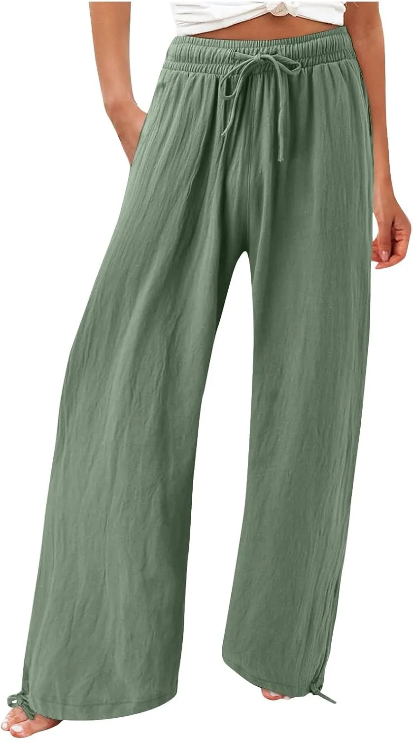 Linen Pants Women Summer Wide Leg Pants Drawstring Elastic Waist Lightweight Lounge Pants Casual Beach Trousers M-5XL