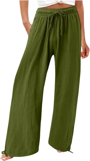 Linen Pants Women Summer Wide Leg Pants Drawstring Elastic Waist Lightweight Lounge Pants Casual Beach Trousers M-5XL