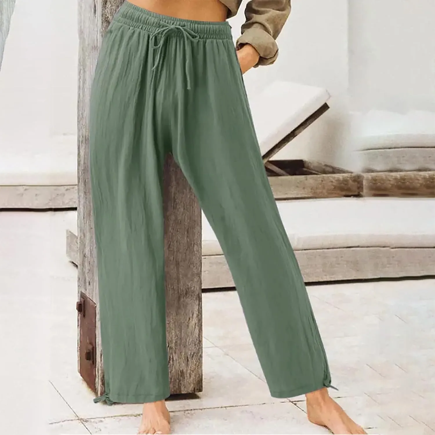 Linen Pants Women Summer Wide Leg Pants Drawstring Elastic Waist Lightweight Lounge Pants Casual Beach Trousers M-5XL