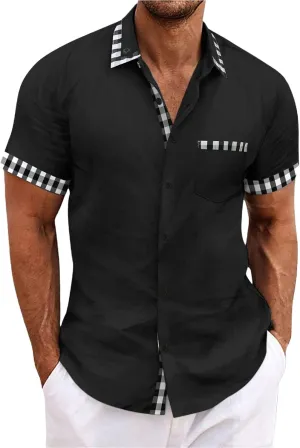 Linen Shirts Mens Short Sleeve Button Down Shirt Summer Casual Beach Wedding Shirts Lightweight Loose Hippie Tops