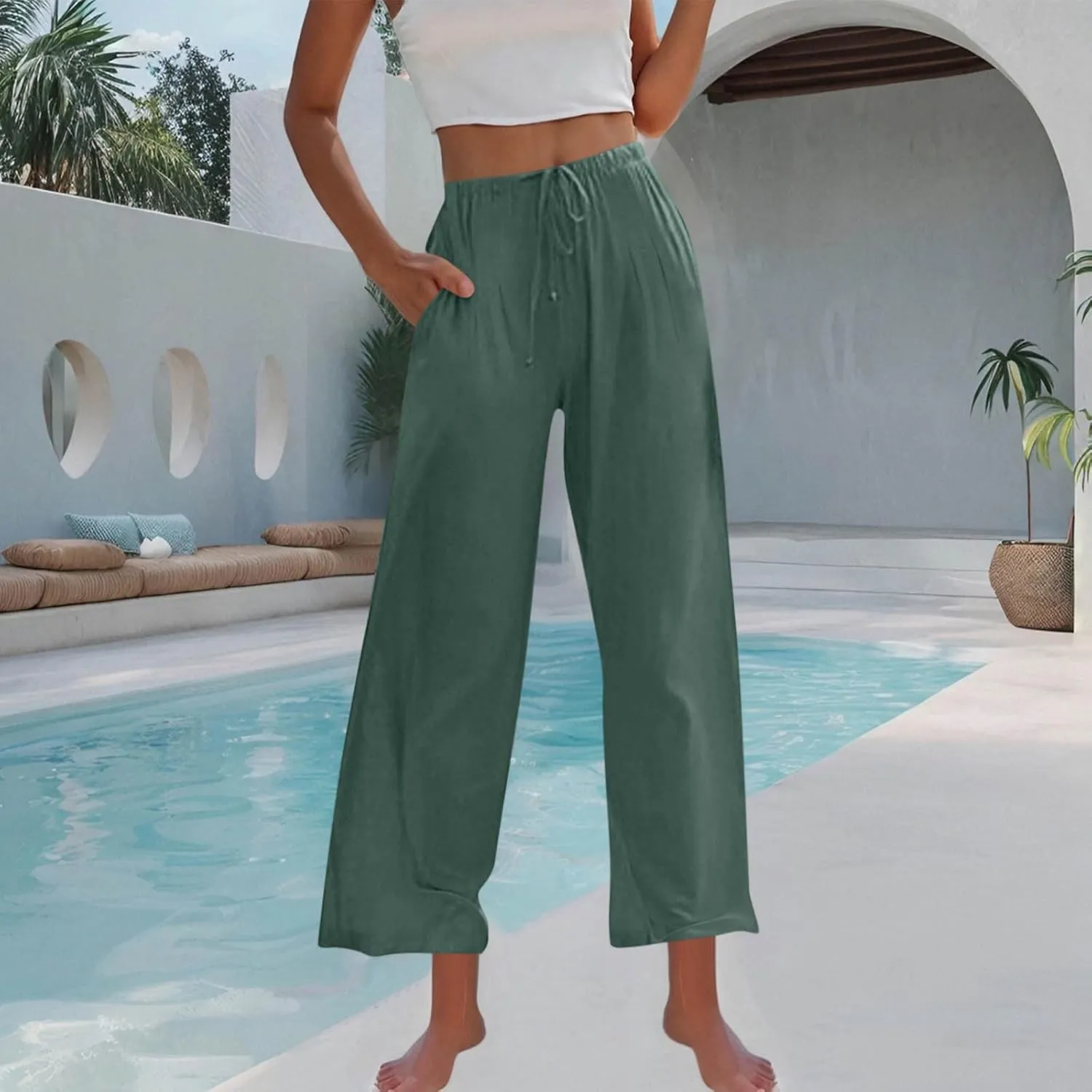 Linen Trousers Pants for Women Summer Fall Loose Fit Ruched High Cut Flare Wide Leg Trousers Pants Women 2025