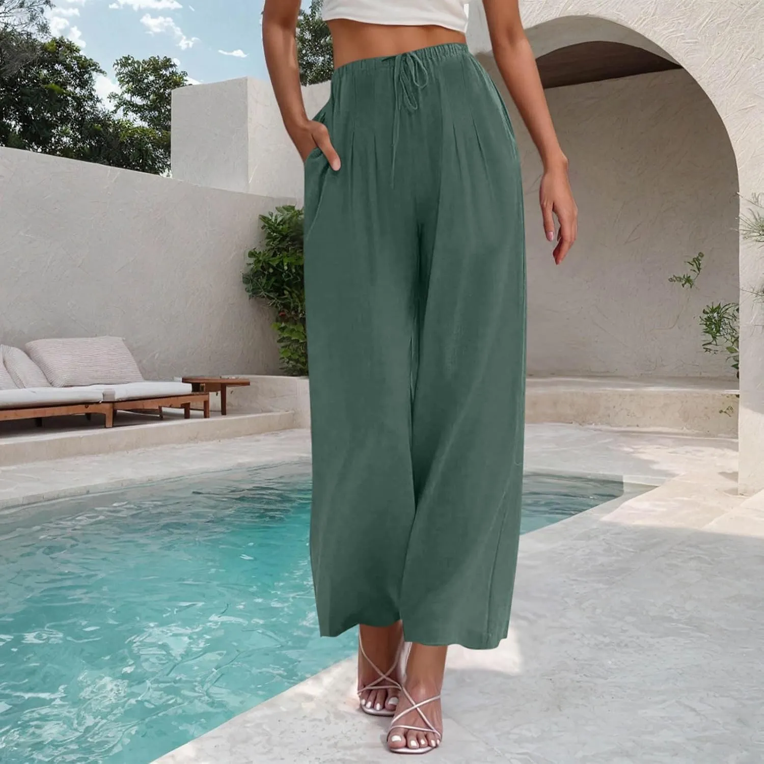 Linen Trousers Pants for Women Summer Fall Loose Fit Ruched High Cut Flare Wide Leg Trousers Pants Women 2025