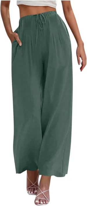 Linen Trousers Pants for Women Summer Fall Loose Fit Ruched High Cut Flare Wide Leg Trousers Pants Women 2025