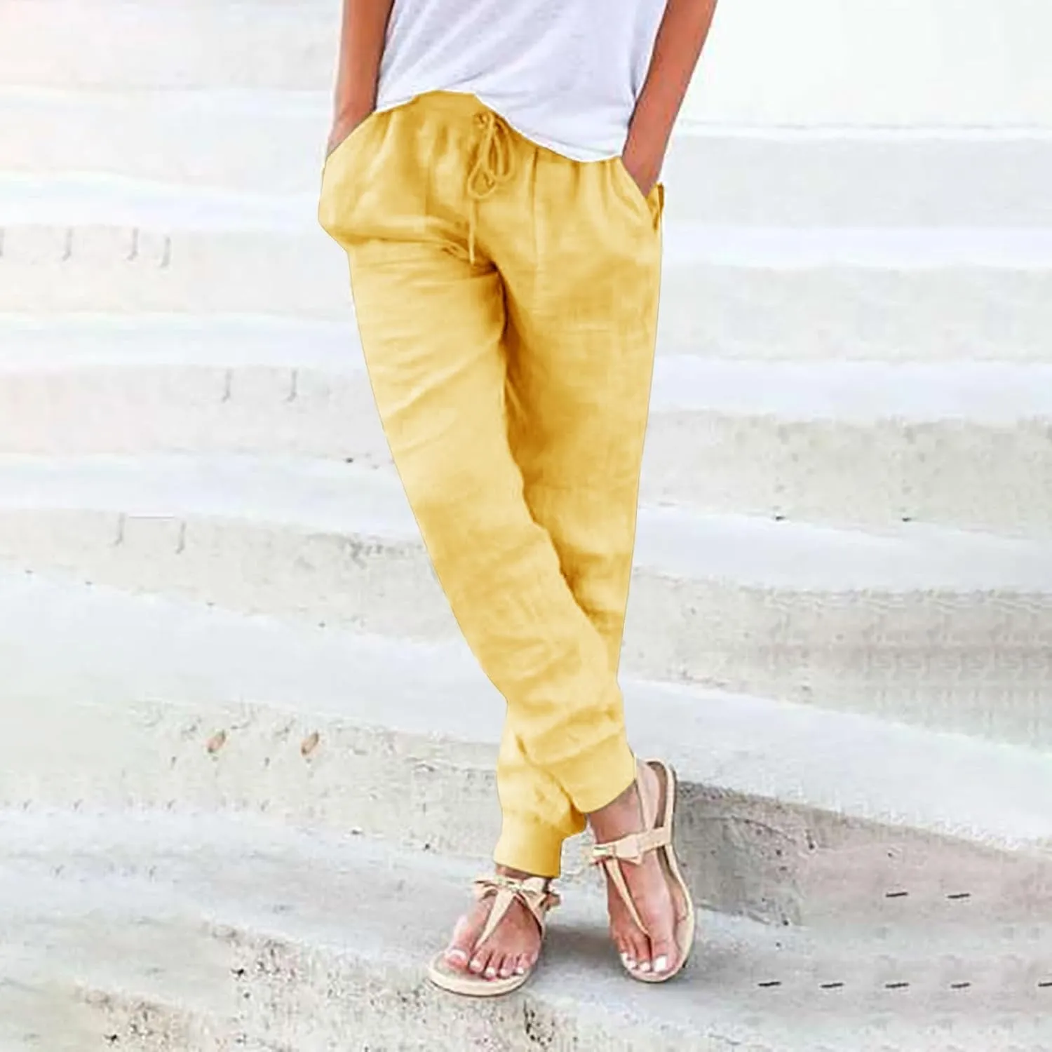 Linen Wide Leg Linen Pants for Women Casual Summer Drawstring Wide Leg Trousers for Women Comfy Straight Leg Pajama