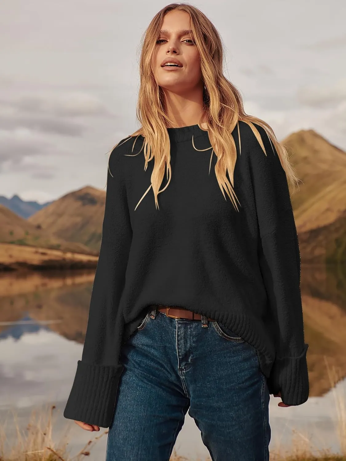 LOGENE Women's Oversized Sweater Crewneck Long Sleeve Soft Fuzzy Knit Pullover Sweaters 2024 Winter Fashion Warm Tops Clothes