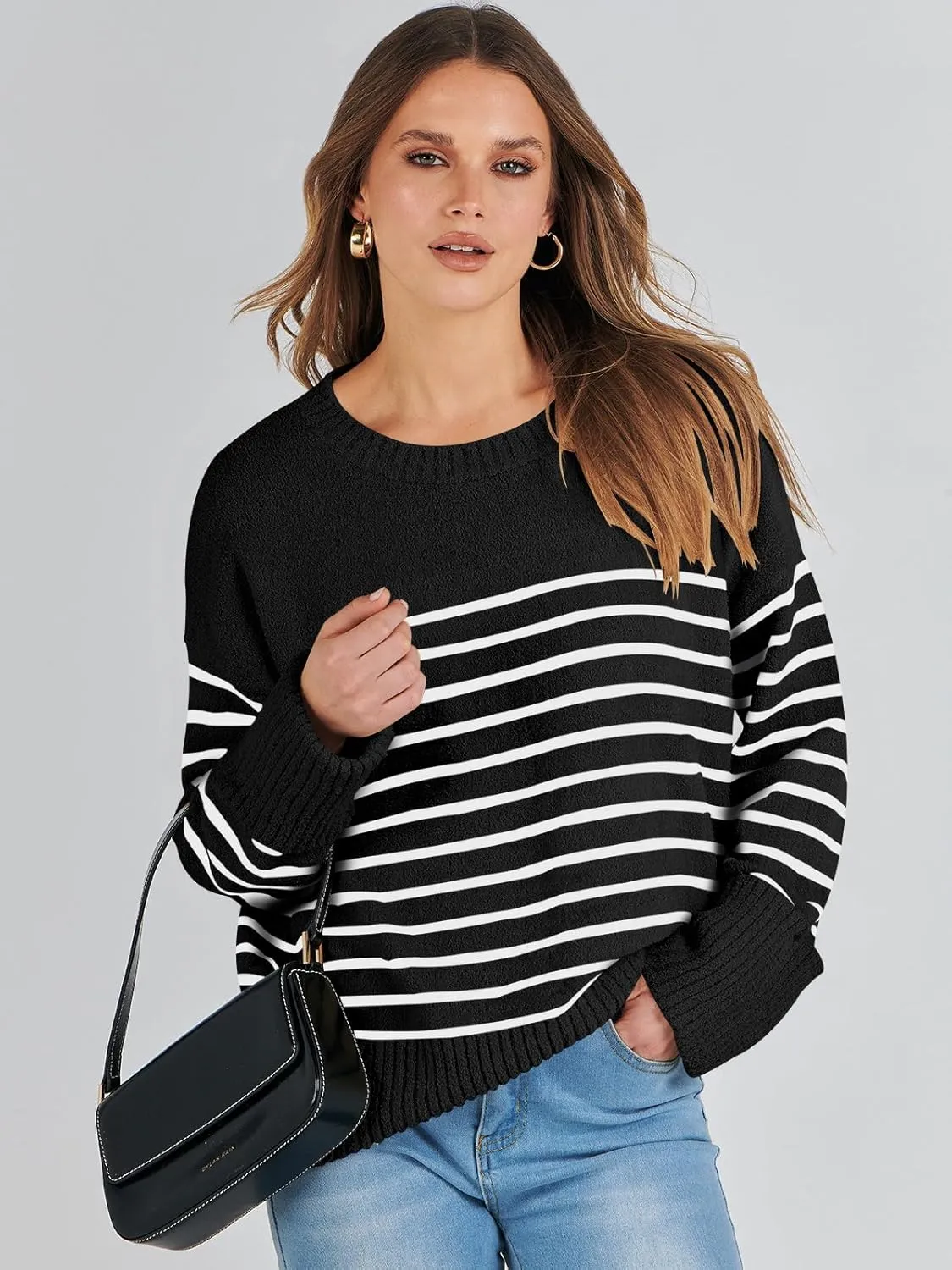 LOGENE Women's Oversized Sweater Crewneck Long Sleeve Soft Fuzzy Knit Pullover Sweaters 2024 Winter Fashion Warm Tops Clothes
