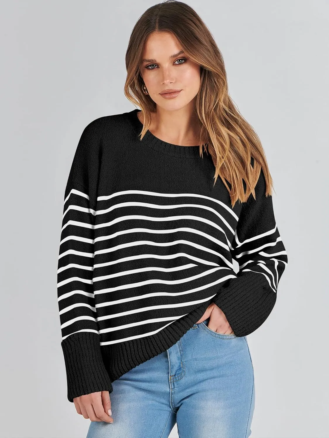 LOGENE Women's Oversized Sweater Crewneck Long Sleeve Soft Fuzzy Knit Pullover Sweaters 2024 Winter Fashion Warm Tops Clothes