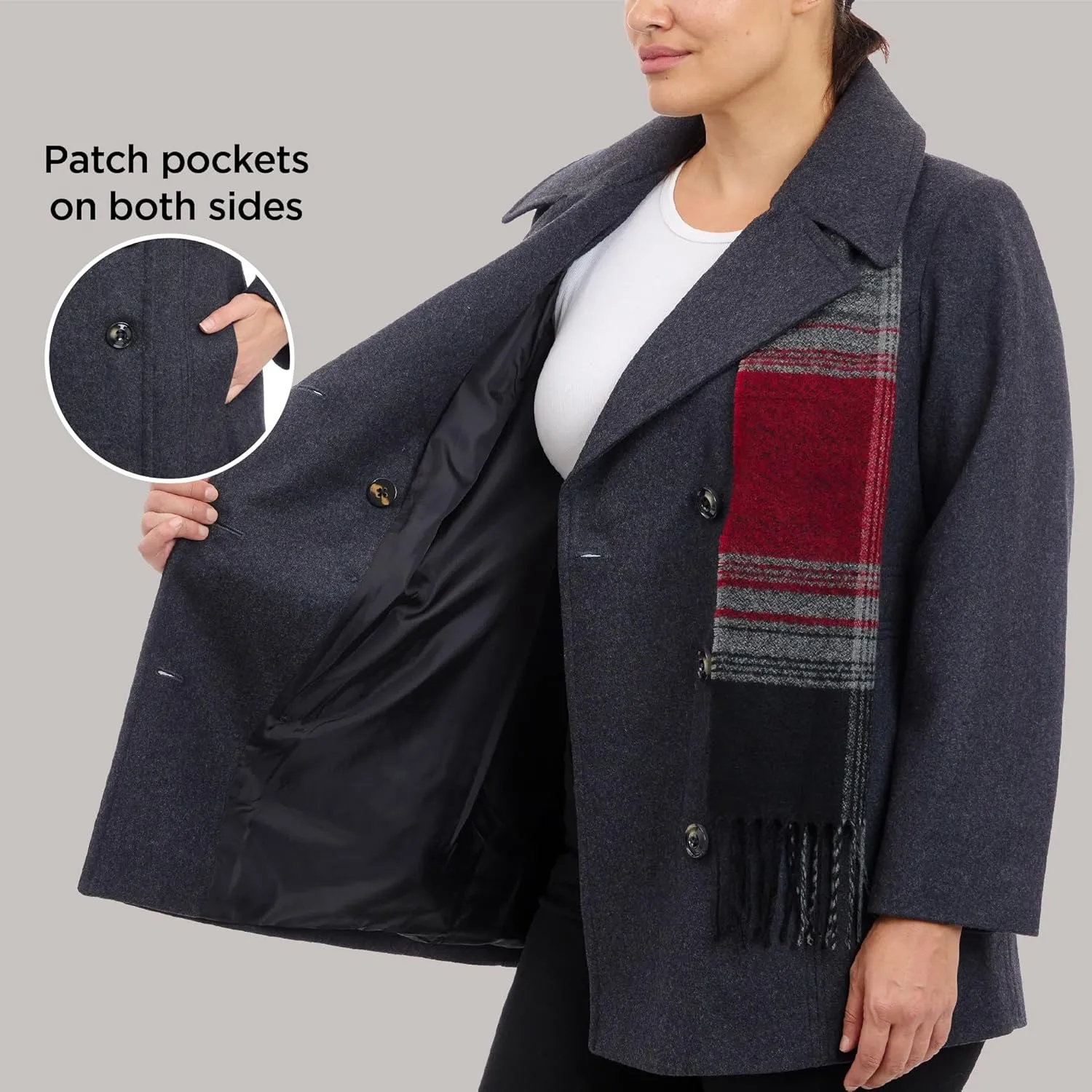 LONDON FOG Women's Plus-Size Double Breasted Peacoat with Scarf