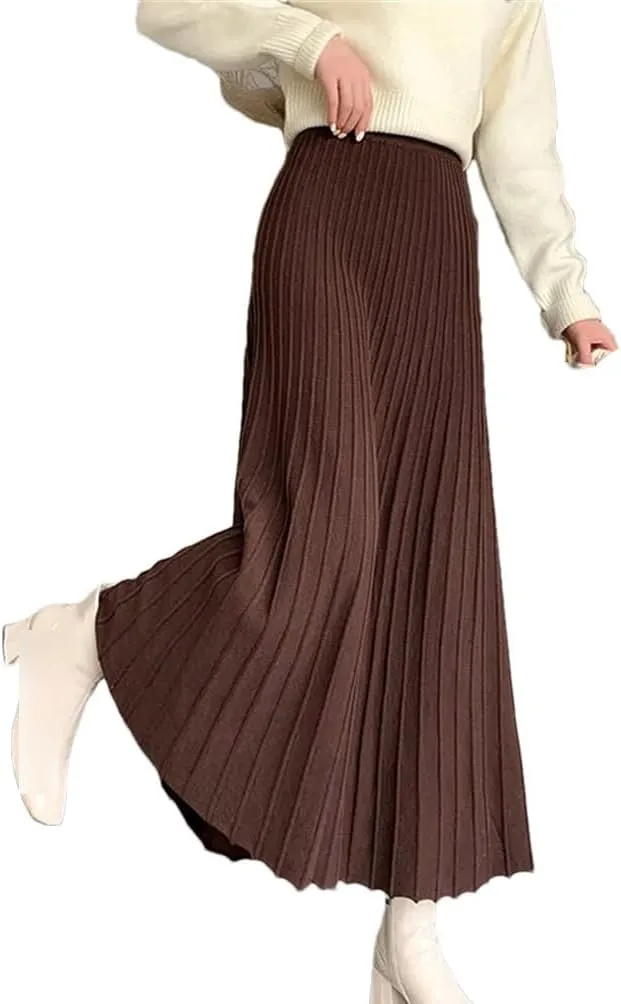 Long Knitted Skirt Women Autumn Winter Warm Skirts Female Pleated Skirt Ladies High Waist Maxi Skirt