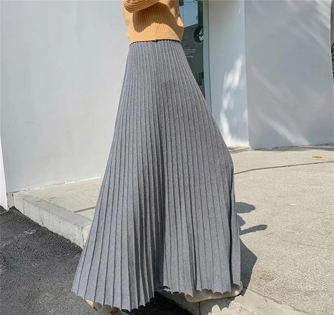 Long Knitted Skirt Women Autumn Winter Warm Skirts Female Pleated Skirt Ladies High Waist Maxi Skirt