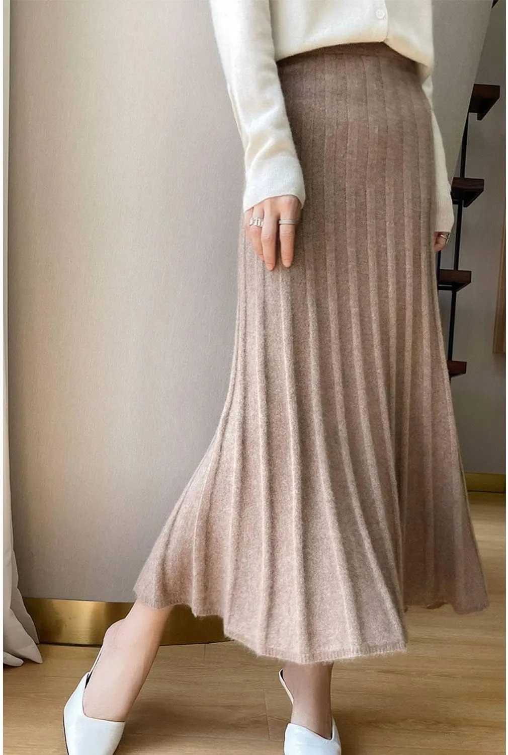 Long Skirt Women's Autumn Winter 100% Merino Wool Knit Ribbed Elastic Pleated Warm Sweater Skirt