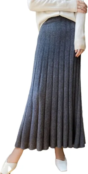 Long Skirt Women's Autumn Winter 100% Merino Wool Knit Ribbed Elastic Pleated Warm Sweater Skirt