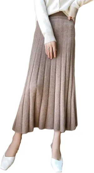 Long Skirt Women's Autumn Winter 100% Merino Wool Knit Ribbed Elastic Pleated Warm Sweater Skirt