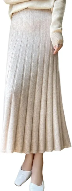 Long Skirt Women's Autumn Winter 100% Merino Wool Knit Ribbed Elastic Pleated Warm Sweater Skirt