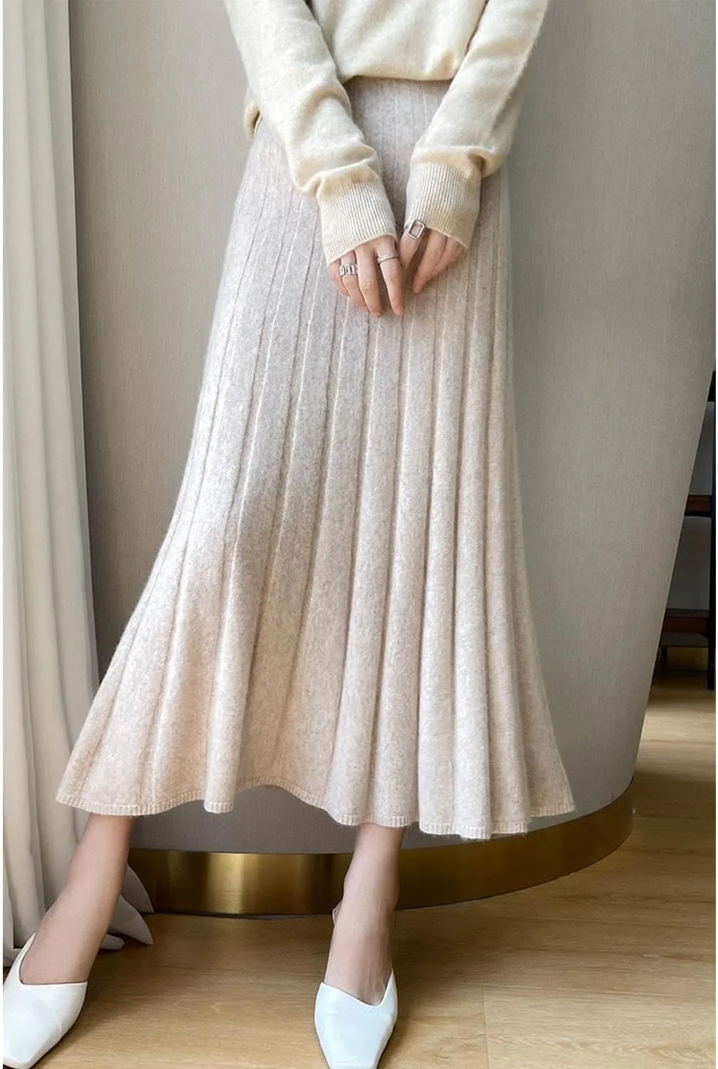 Long Skirt Women's Autumn Winter 100% Merino Wool Knit Ribbed Elastic Pleated Warm Sweater Skirt